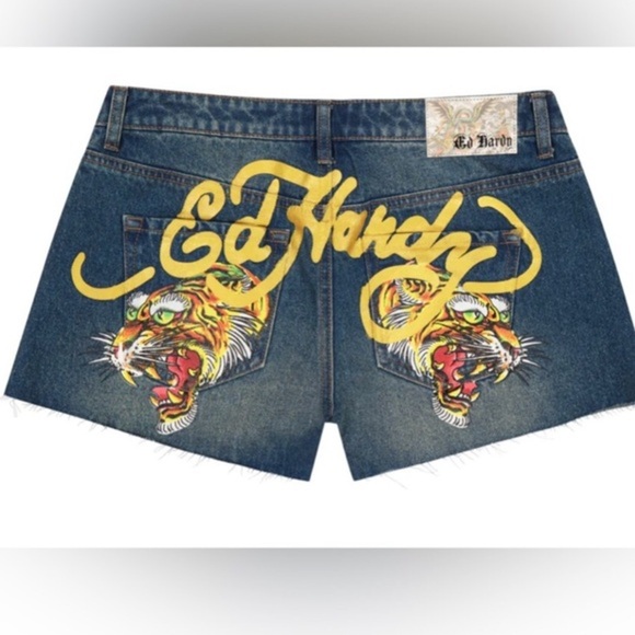 Ed Hardy SCREAMING TIGER vintage‎ wash frayed hem DENIM jeans SHORTS size large - Picture 1 of 12